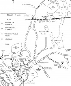Figure 1 Map of the Oakwood area of Leeds showing the sites of Rough Rock and Elland Flag Quarries. The number noted by the side of some Elland Flags Quarries are the known thickness in metres of in-filled material.